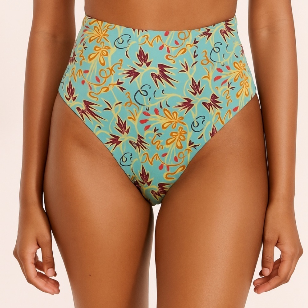 A.L.C. Blue High Rise Bikini Bottoms Beach Vacation Bold Floral Print NWT Size M